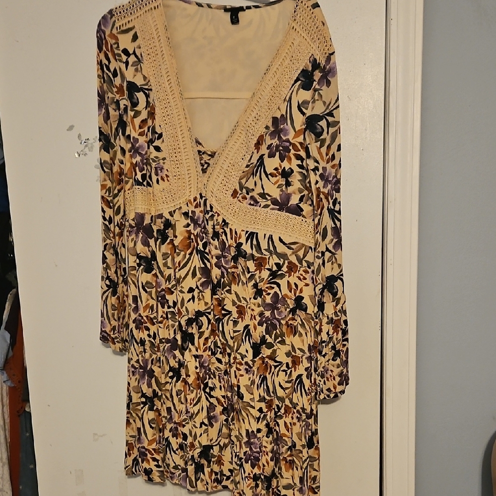 Torrid Cream and Purple Floral Long Sleeve Dress
